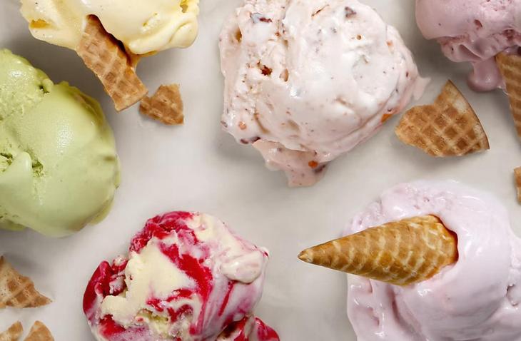 scoops of tasty ice cream including pistachio and raspberry 