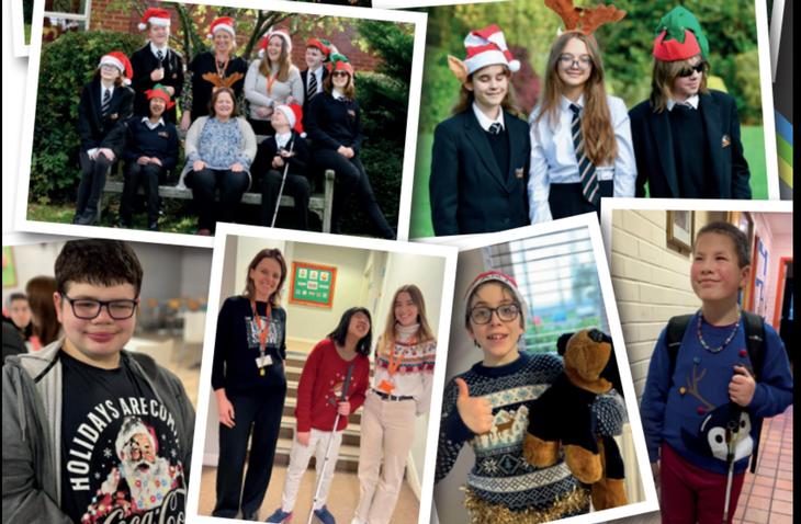 A cheerful collage of students and staff from New College Worcester celebrating the festive season. The images show individuals and small groups wearing Christmas jumpers, Santa hats, reindeer antlers, and elf hats. Some students are using white canes, indicating visual impairment. One student holds a plush dog while giving a thumbs-up. The scenes include indoor hallways and outdoor garden areas, with everyone smiling and enjoying the holiday atmosphere.