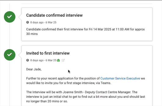 email tracking in action - showing the date email was opened by candidate
