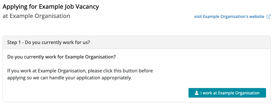 Application form step 1 asking do you currently work for us, with a button to confirm