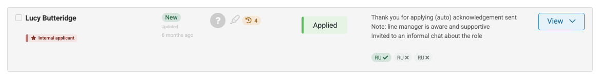 A candidate row in the ATS with a red Internal applicant badge under the candidate's name