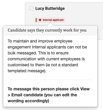 A pop-up explaining that internal applicants cannot be bulk messaged and should be emailed individually
