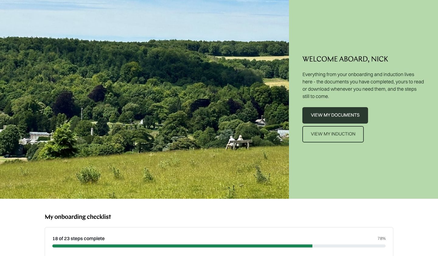 Screenshot shows the new starter's personal checklist - steps ticked off, progress bar filling