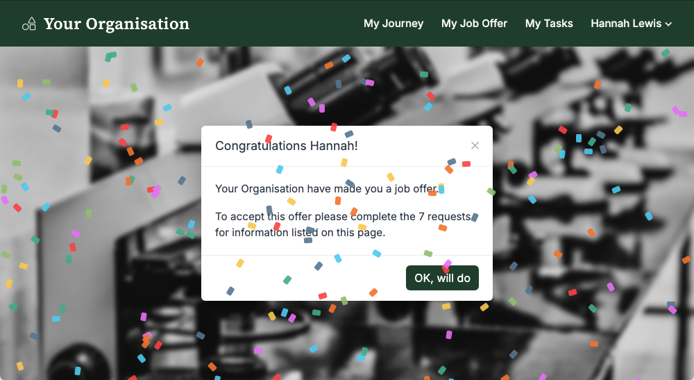 Screenshot shows the congratulations moment - the job offer page with confetti falling