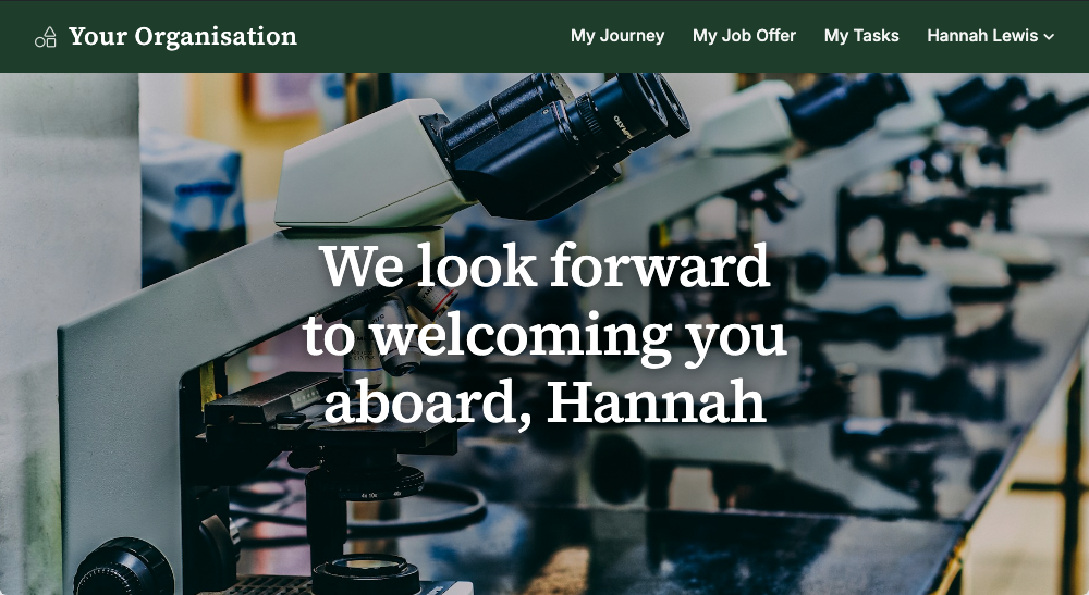 Screenshot shows the job offer welcome page in the employer's branding - we look forward to welcoming you aboard