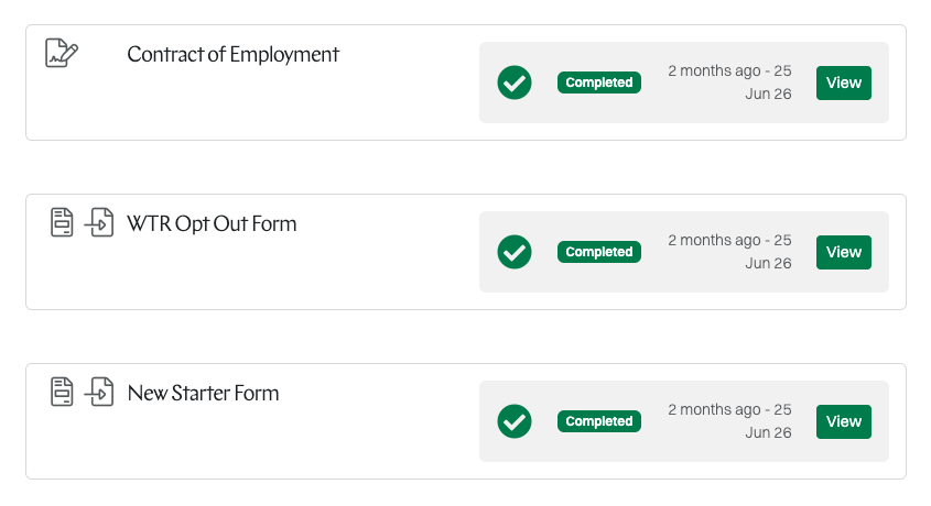 Screenshot shows a new starter's onboarding page - contract of employment, WTR opt out form and new starter form, each marked completed