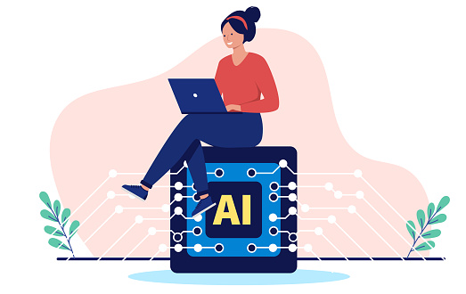 Illustration shows a person working on a laptop powered by AI