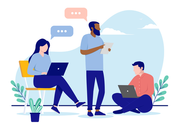 image shows illustration of a group of colleagues discussing using recruiting software