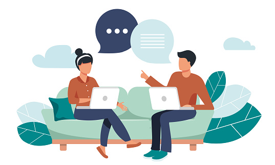Illustration shows two people in conversation with speech bubbles