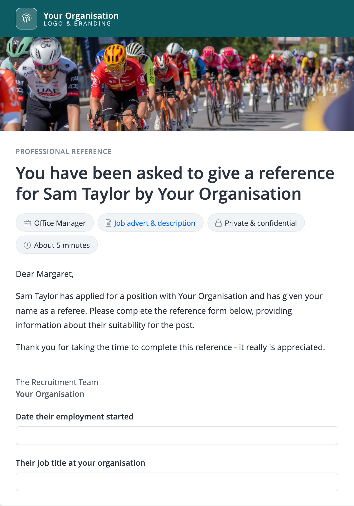 Screenshot shows the reference request page a referee receives, in your organisation's branding