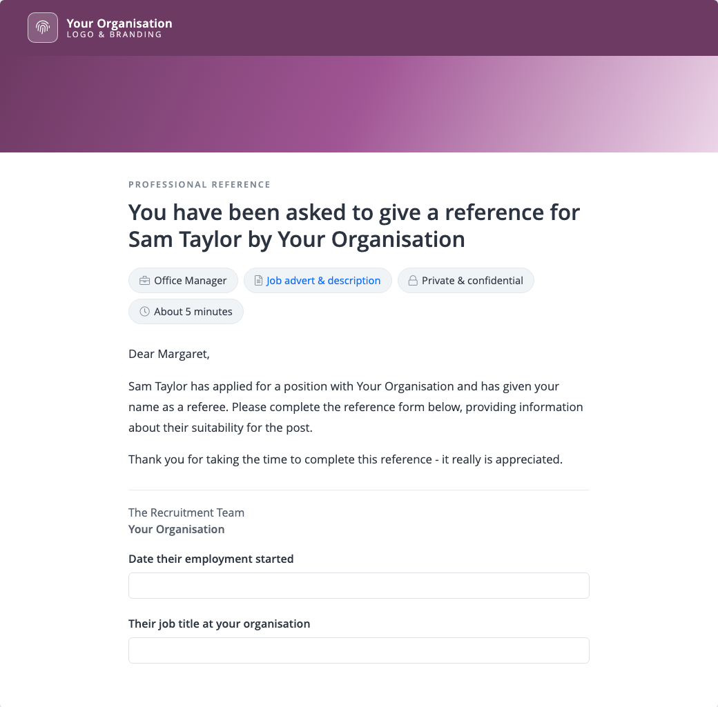 Screenshot shows the reference request page a referee receives, in your organisation's branding