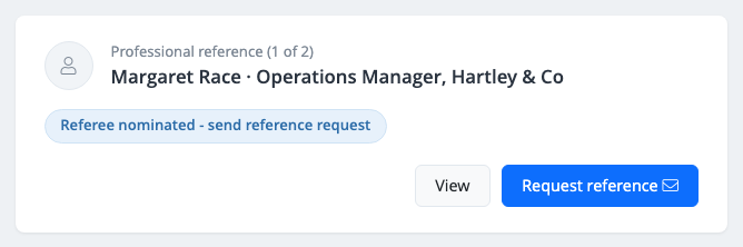 Screenshot shows a nominated referee awaiting your approval, with the request reference button